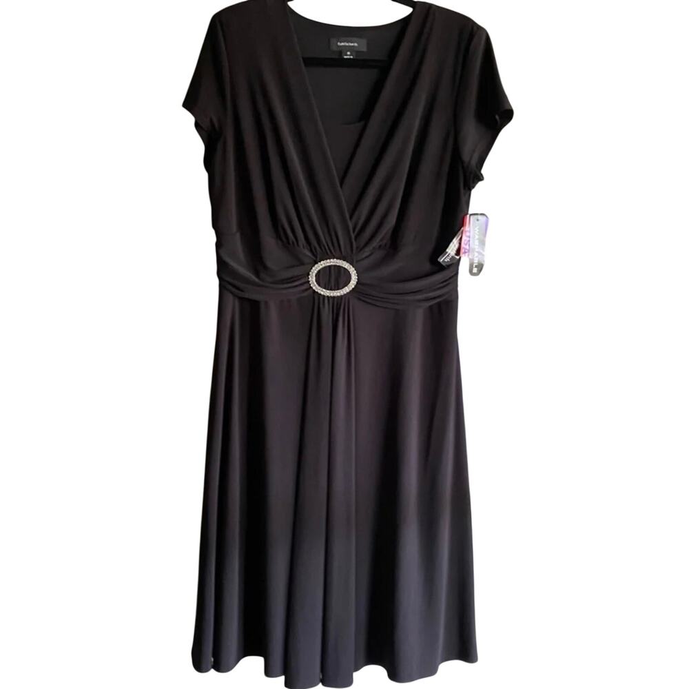 RM Richard’s black cocktail dress with rhinestone belt design.